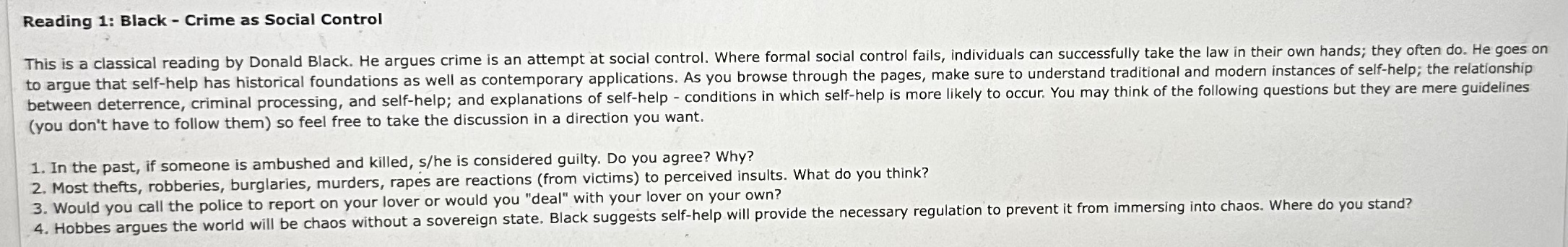  Reading 1: Black - Crime as Social Control (you don't have
