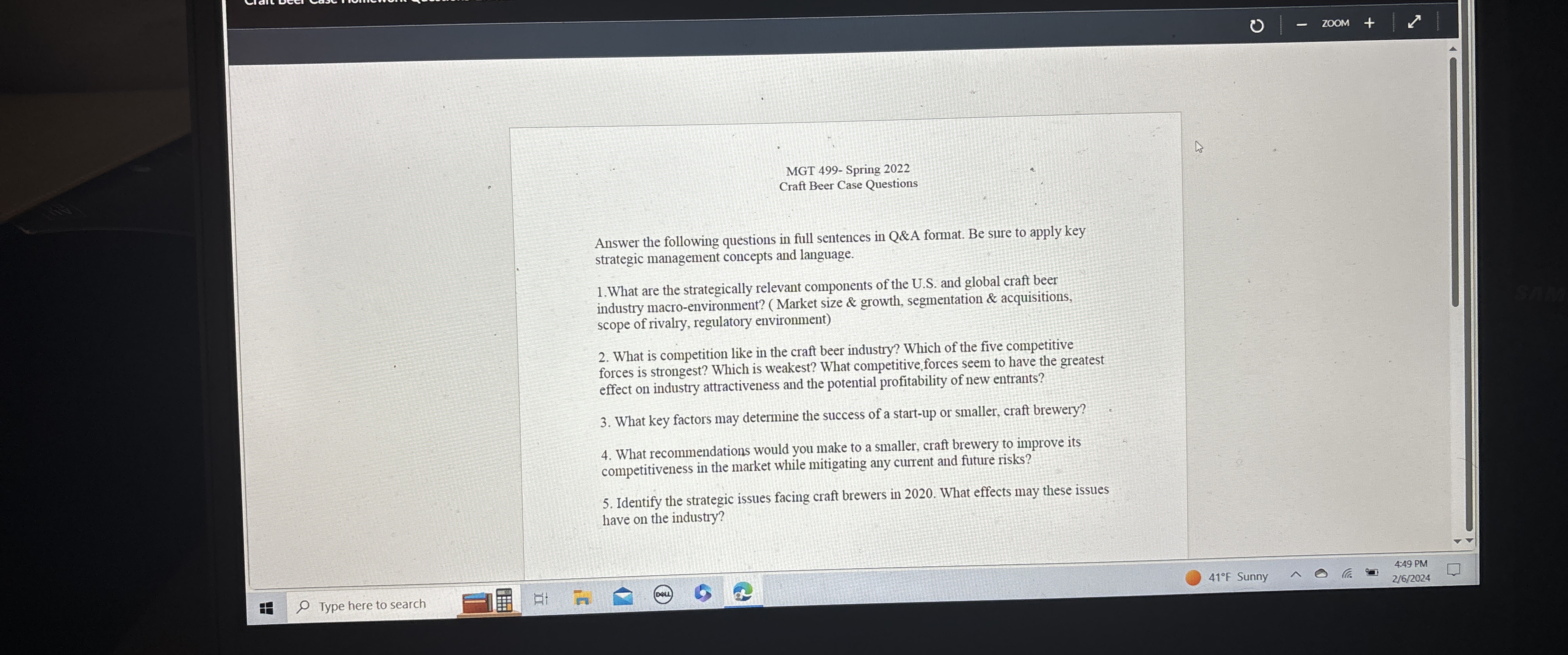  MGT 499- Spring 2022 Craft Beer Case Questions Answer the following