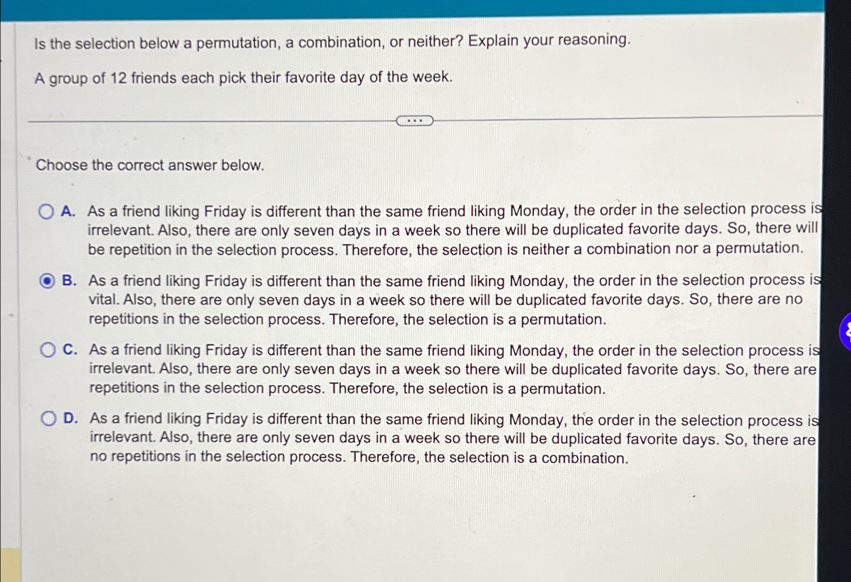  Is the selection below a permutation, a combination, or neither? Explain