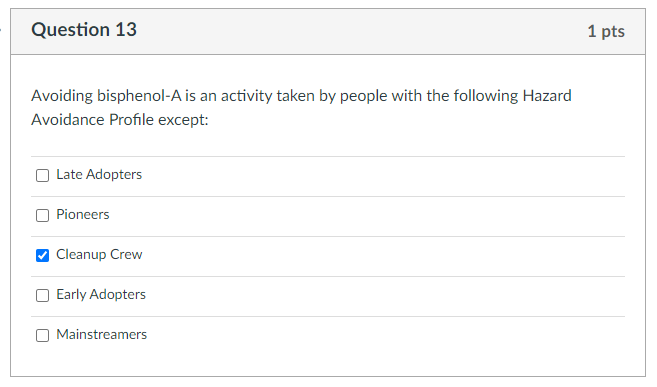  Question 13 Avoiding bisphenol-A is an activity taken by people with
