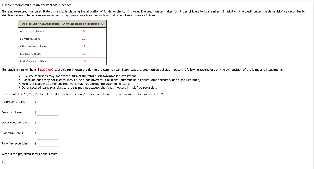  A linear programming computer package is needed. stabilize income. The various
