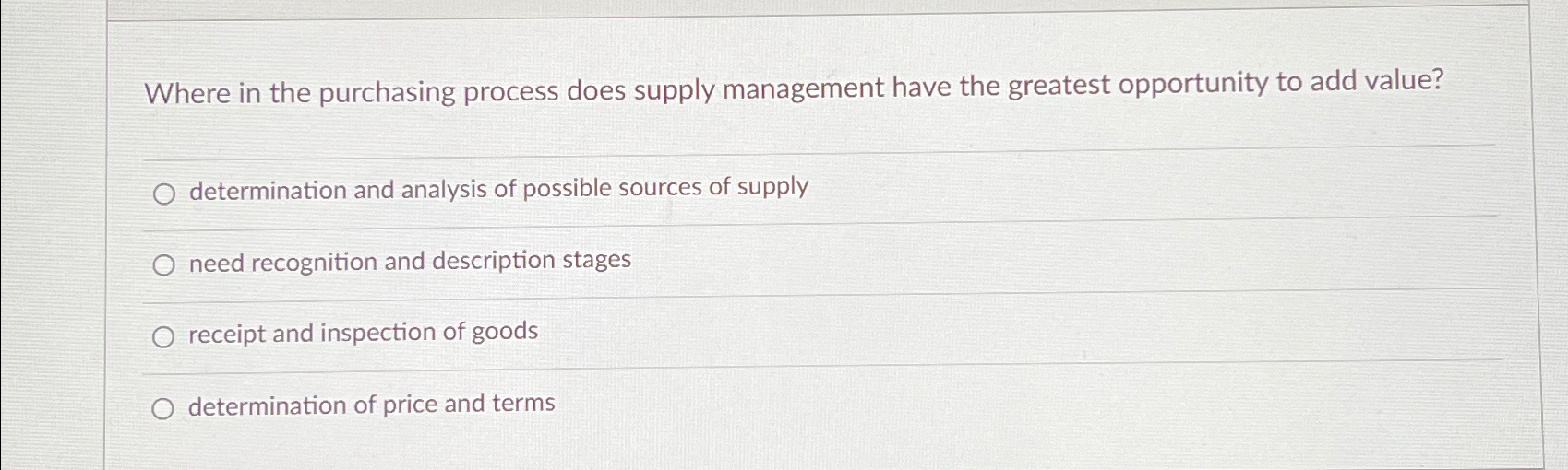  Where in the purchasing process does supply management have the greatest