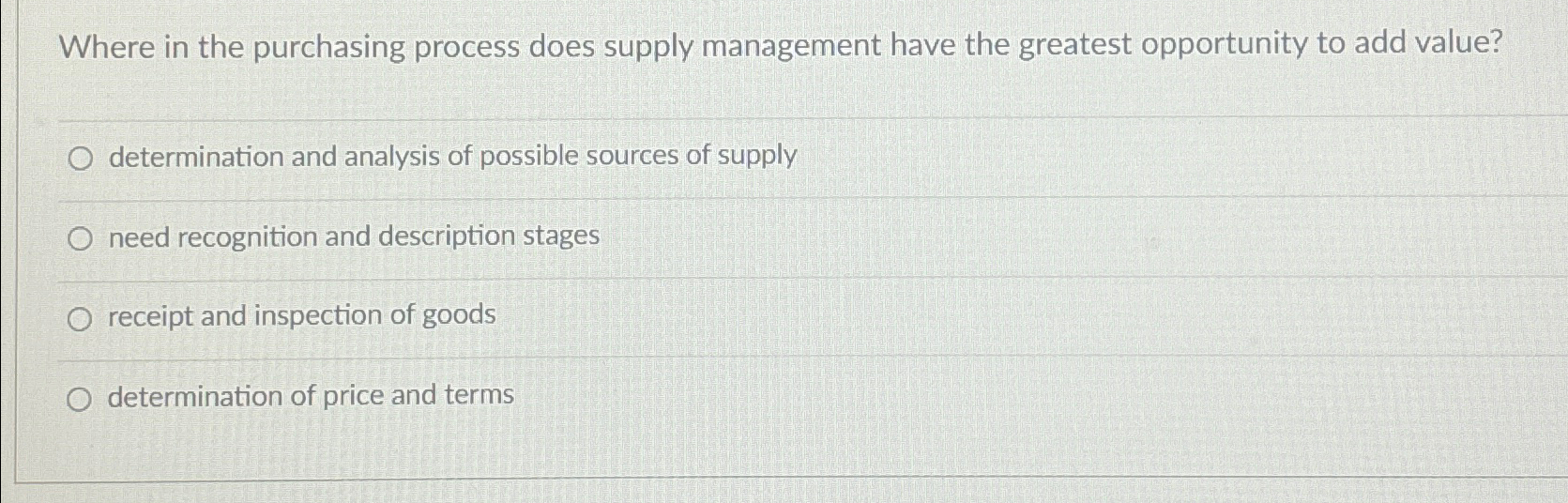  Where in the purchasing process does supply management have the greatest
