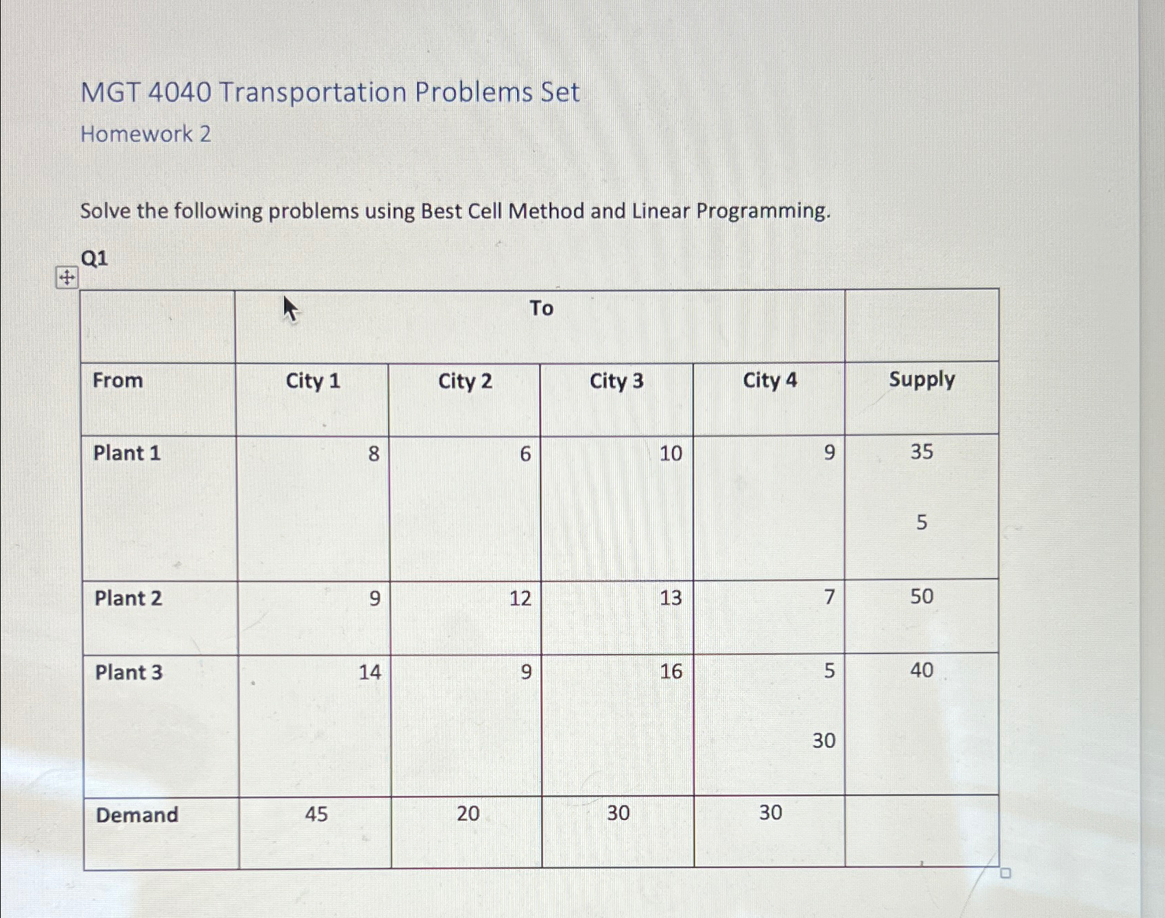  MGT 4040 Transportation Problems Set Homework 2 Solve the following problems