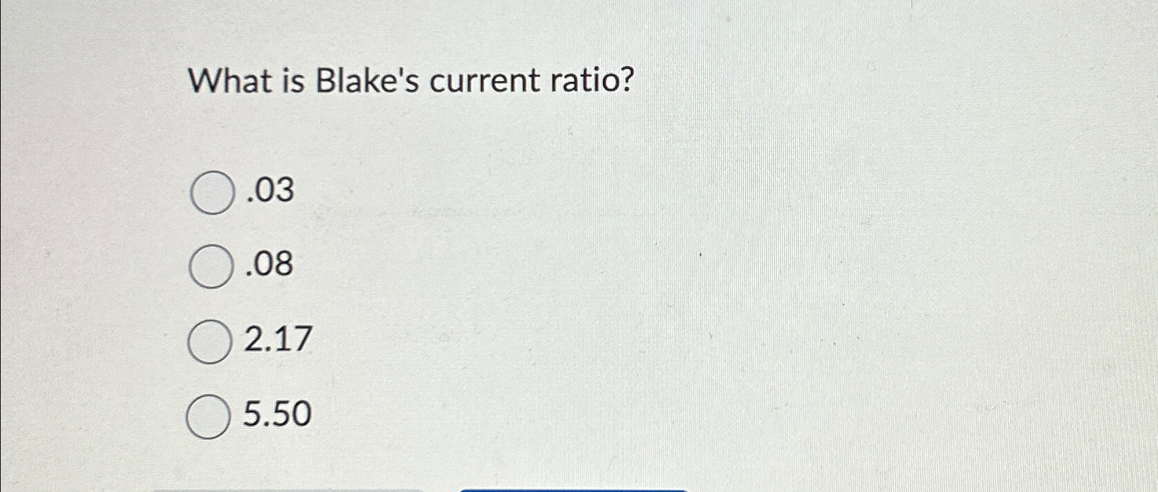  What is Blake's current ratio? .03 .08 2.17 5.50 