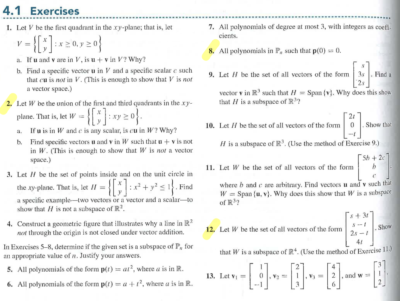  4.1 Exercises 1. Let V be the first quadrant in the