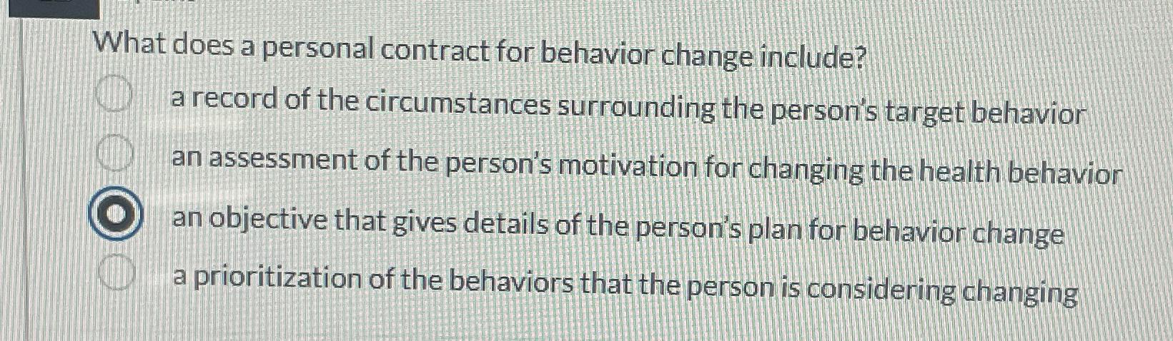  What does a personal contract for behavior change include? a record