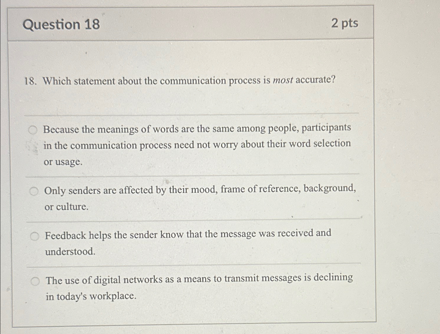  Question 18 2 pts 18. Which statement about the communication process