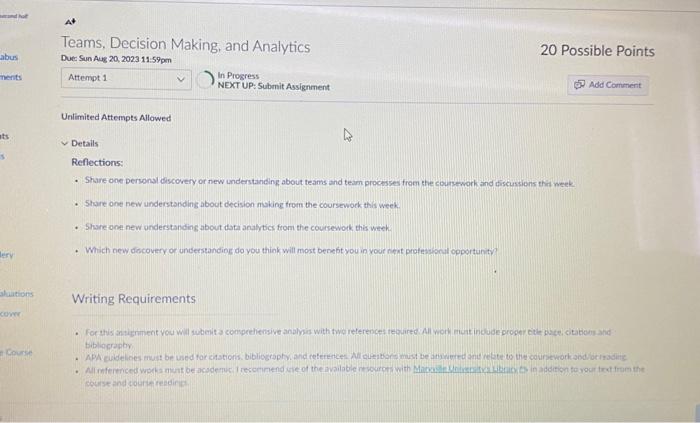 Teams, Decision Making, and Analytics Teams, Decision Making, and Analytics Due Sun