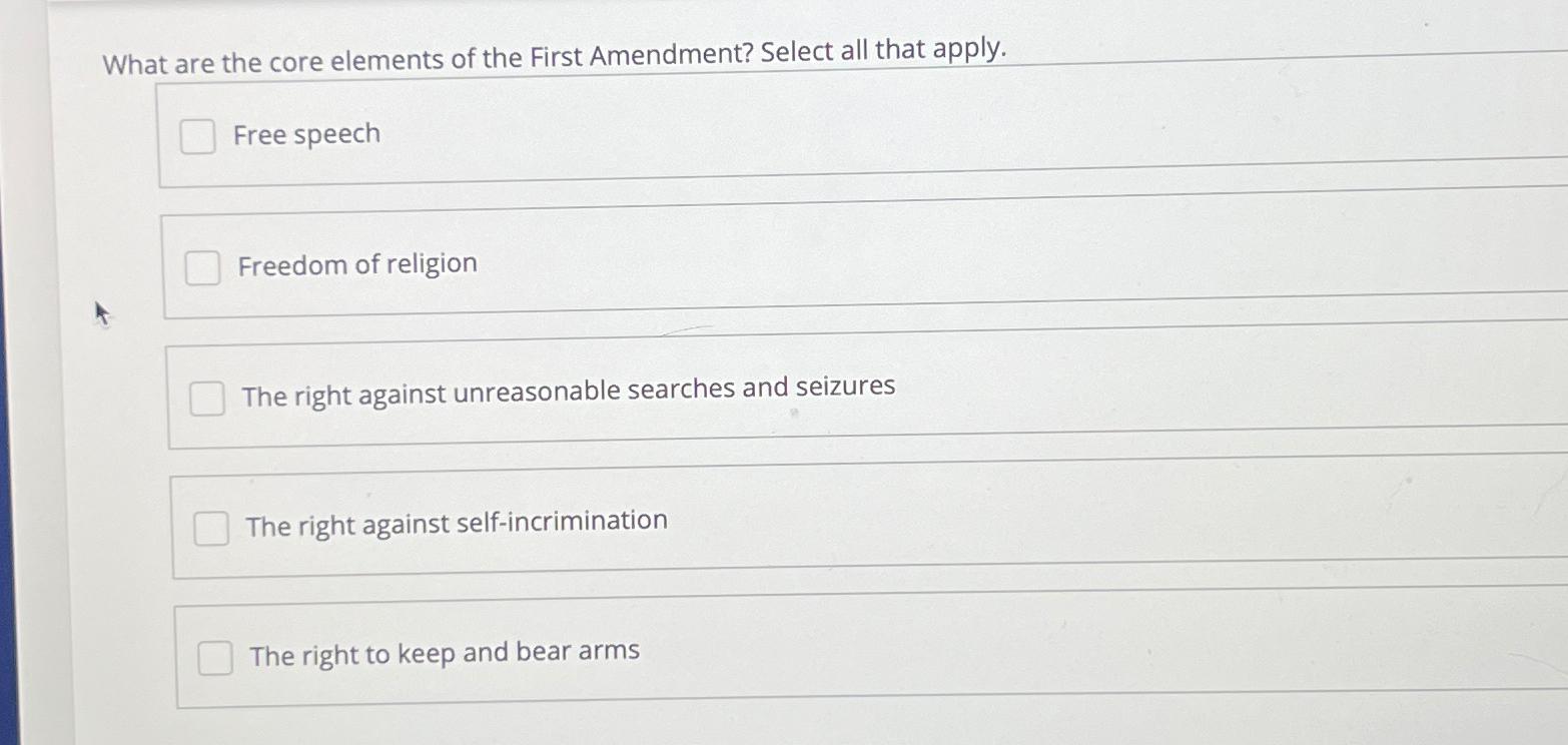  What are the core elements of the First Amendment? Select all