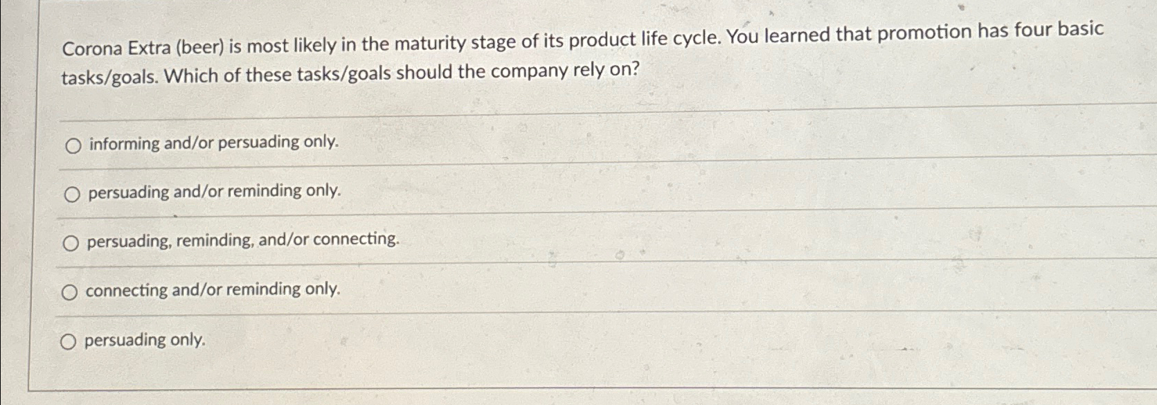  Corona Extra (beer) is most likely in the maturity stage of
