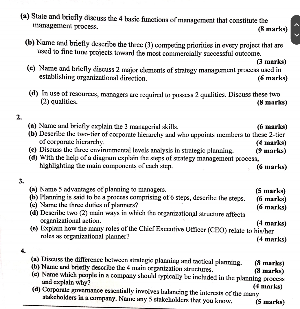  (a) State and briefly discuss the 4 basic functions of management