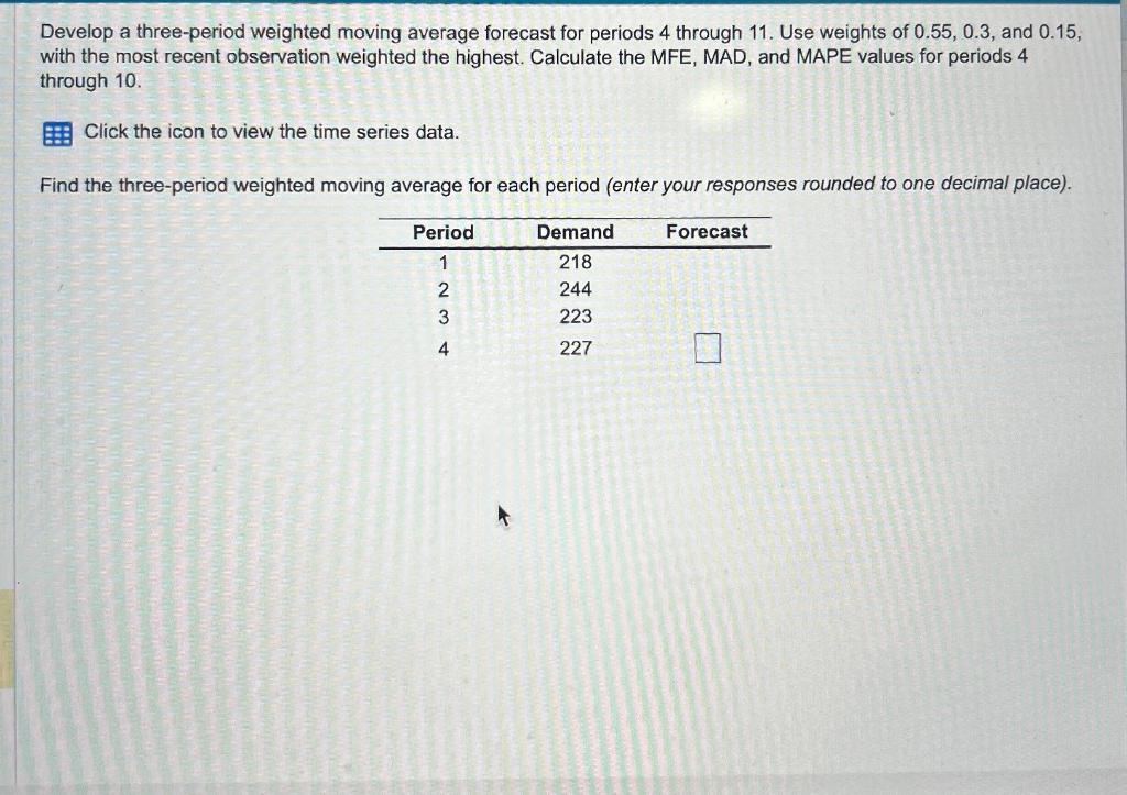 Develop a three-period weighted moving average forecast for periods 4 through