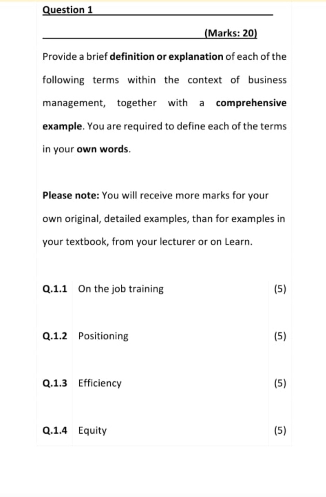  Question 1 (Marks: 20) Provide a brief definition or explanation of