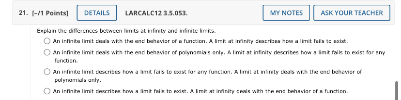 ASK YOUR TEACHER PRACTICE ANOTHER Find the limit, if it exists. (If