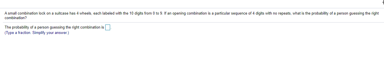 A small combination lock on a suitcase has 4 wheels, each