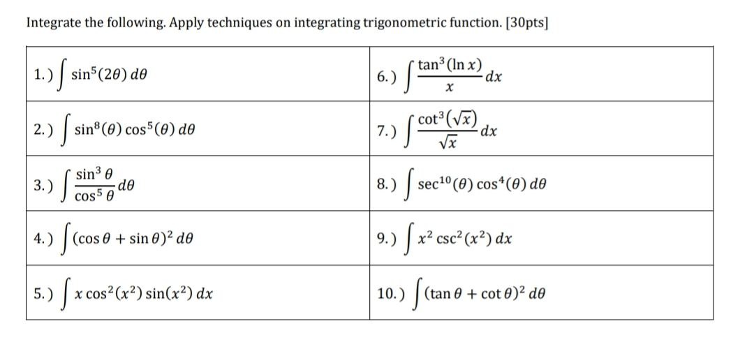  Integrate the following. Apply techniques on integrating trigonometric function. [30pts] 1.