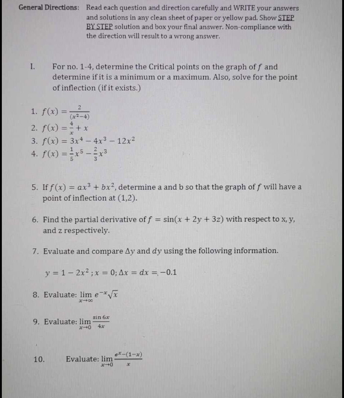 (READABLE, NOT CURSIVE) HANDWRITTEN THEN BOX THE FINAL ANSWERS General Directions: Read