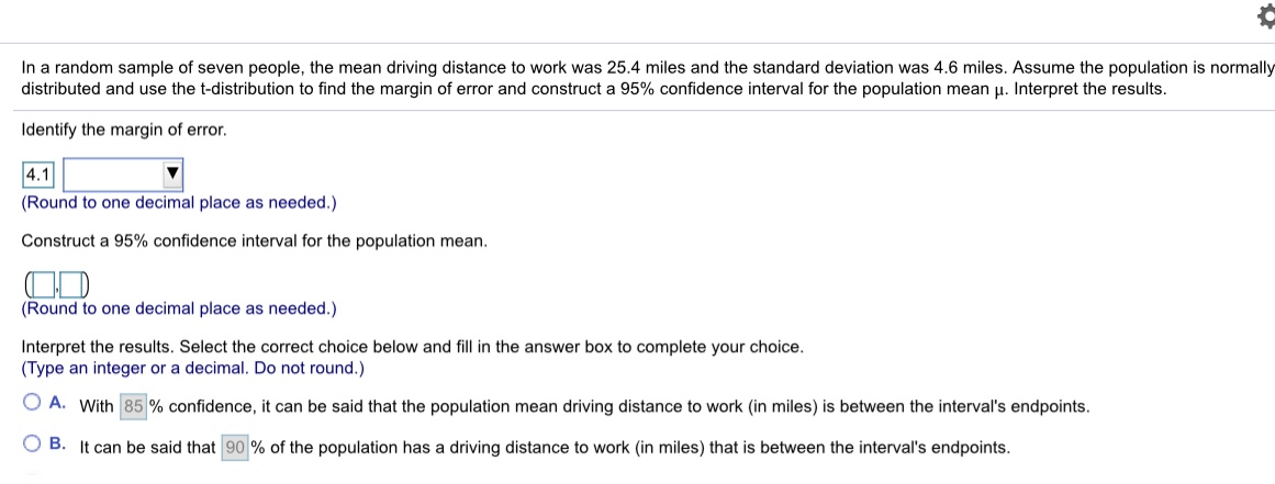 of seven people, the mean driving distance to work was 25.4 miles