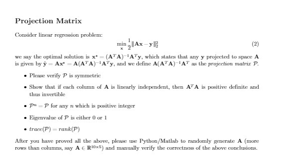  Projection Matrix Consider linear regression problem: min . Ax - y