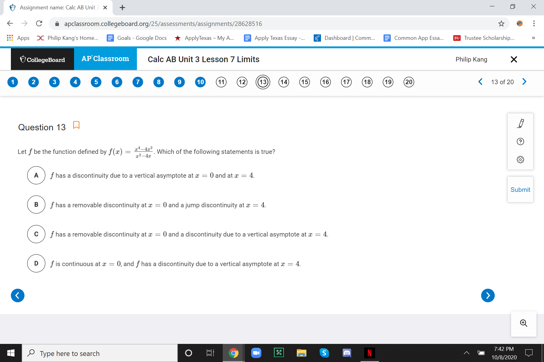 + X C apclassroom.collegeboard.org/25/assessments/assignments/28628516 : Apps X Philip Kang's Home... Goals -