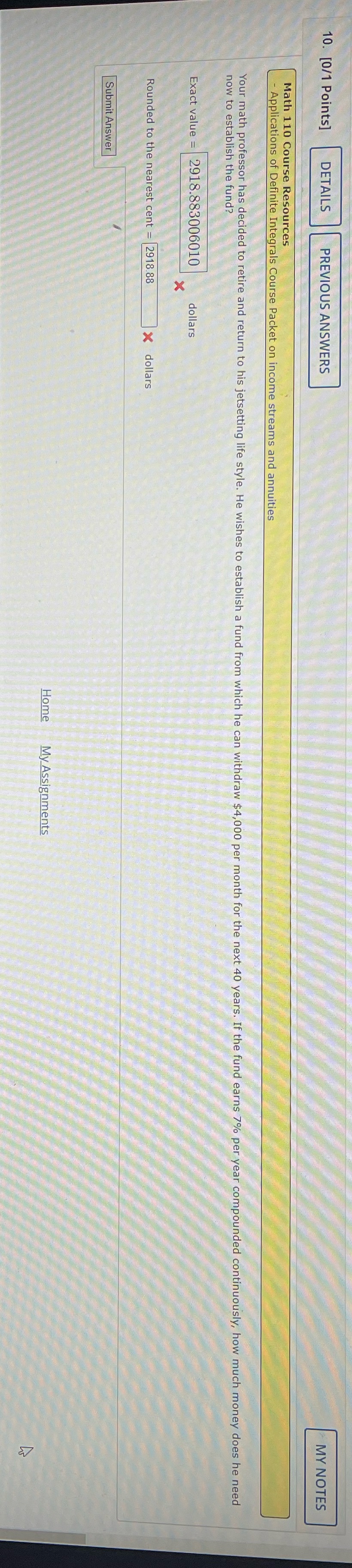  10. [0/1 Points] DETAILS PREVIOUS ANSWERS MY NOTES Math 110 Course