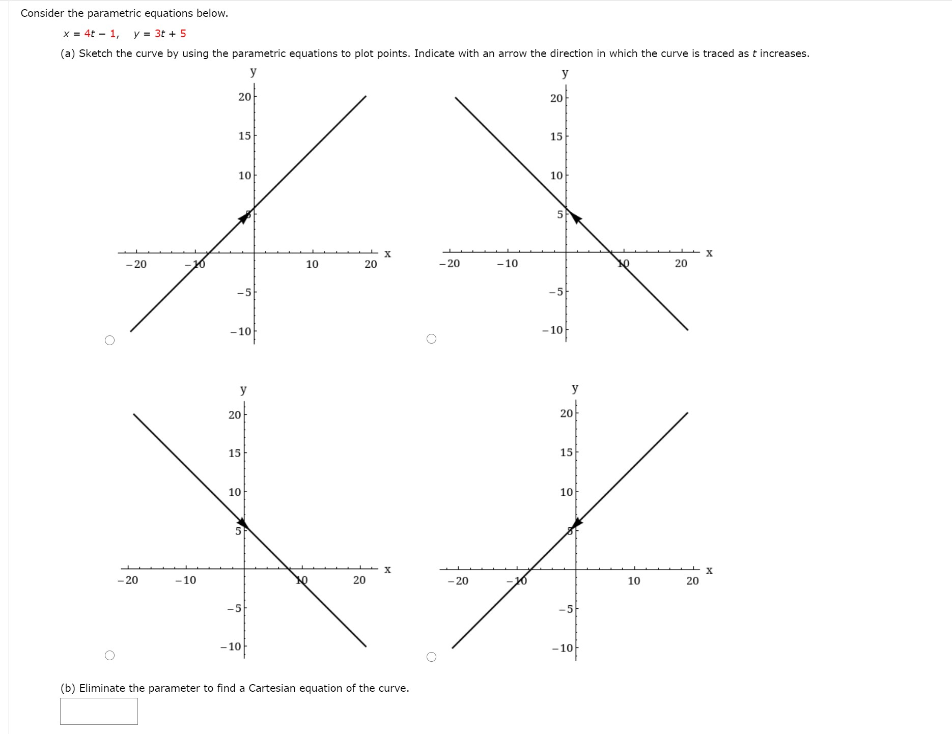 by using the parametric equations to plot points. Indicate with an arrow
