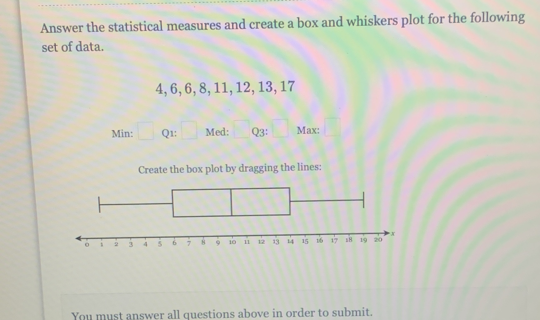 help me Answer the statistical measures and create a box and whiskers