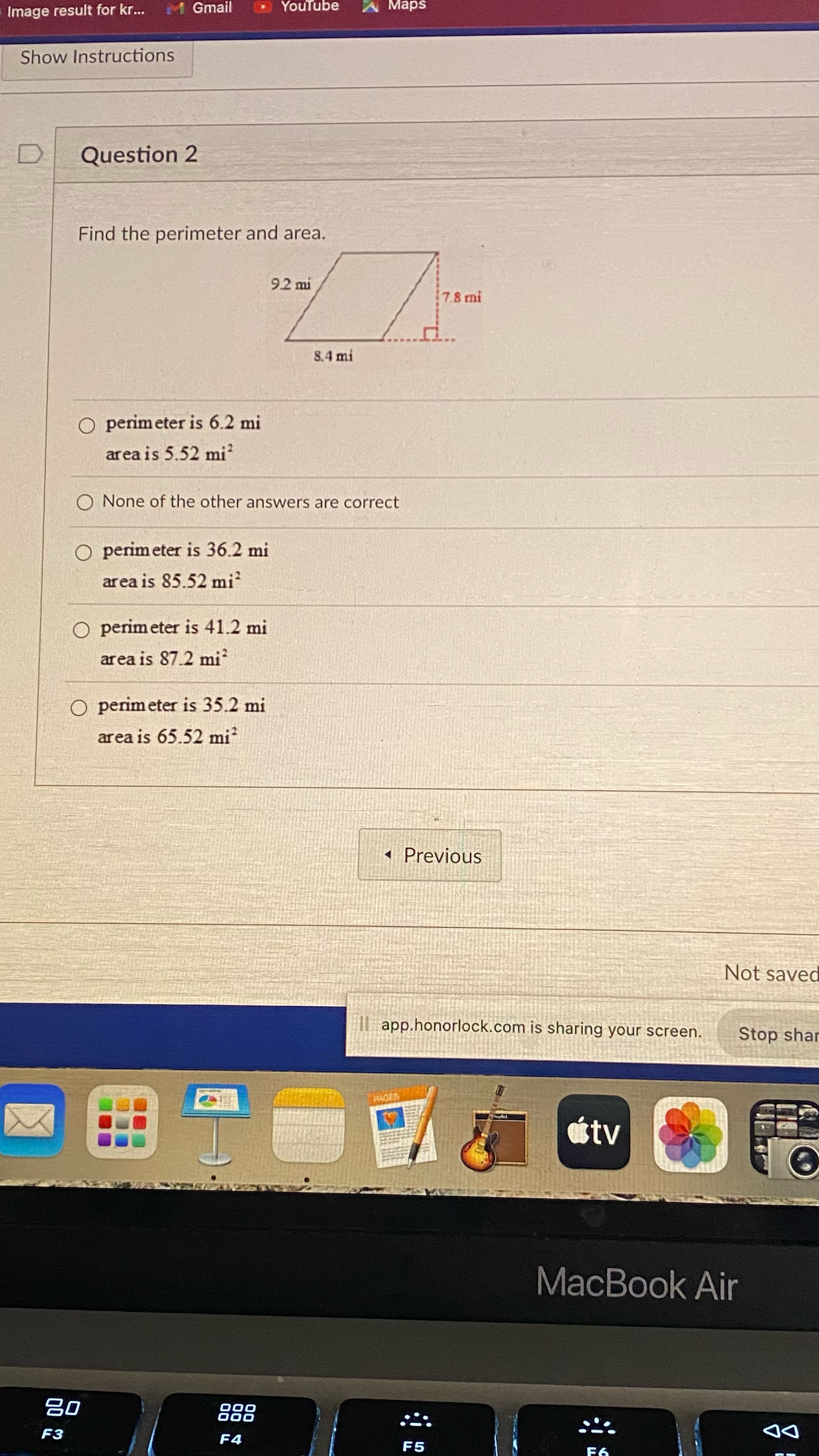 Find the perimeter and area. 1 2 mi 1.1 mi 1:2 mi