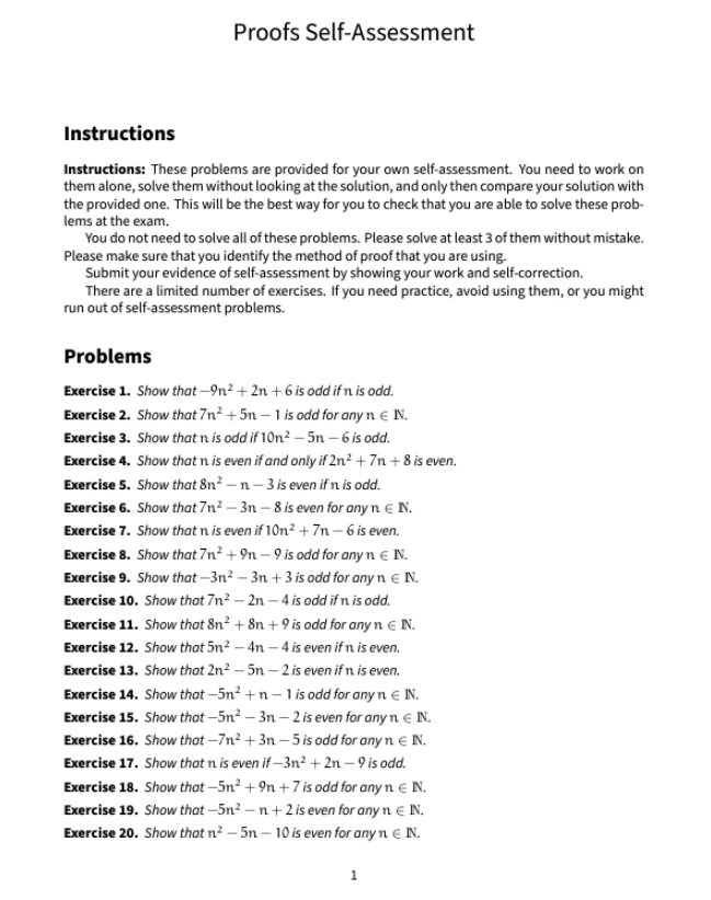  Proofs Self-Assessment Instructions Instructions: These problems are provided for your own