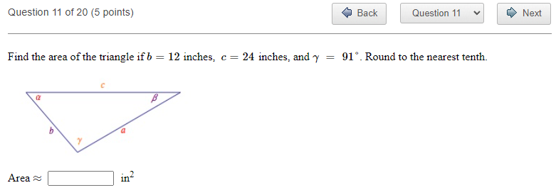 Find the area of the triangle if a = 14 inches, c