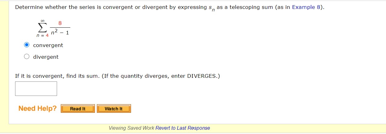 please EXAMPLE 4 Determine whether the series In(3n) converges or diverges. n=1