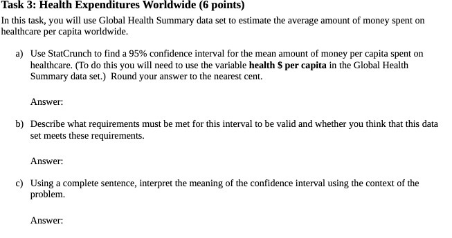 Task 3: Health Expenditures Worldwide (6 points) In this task, you
