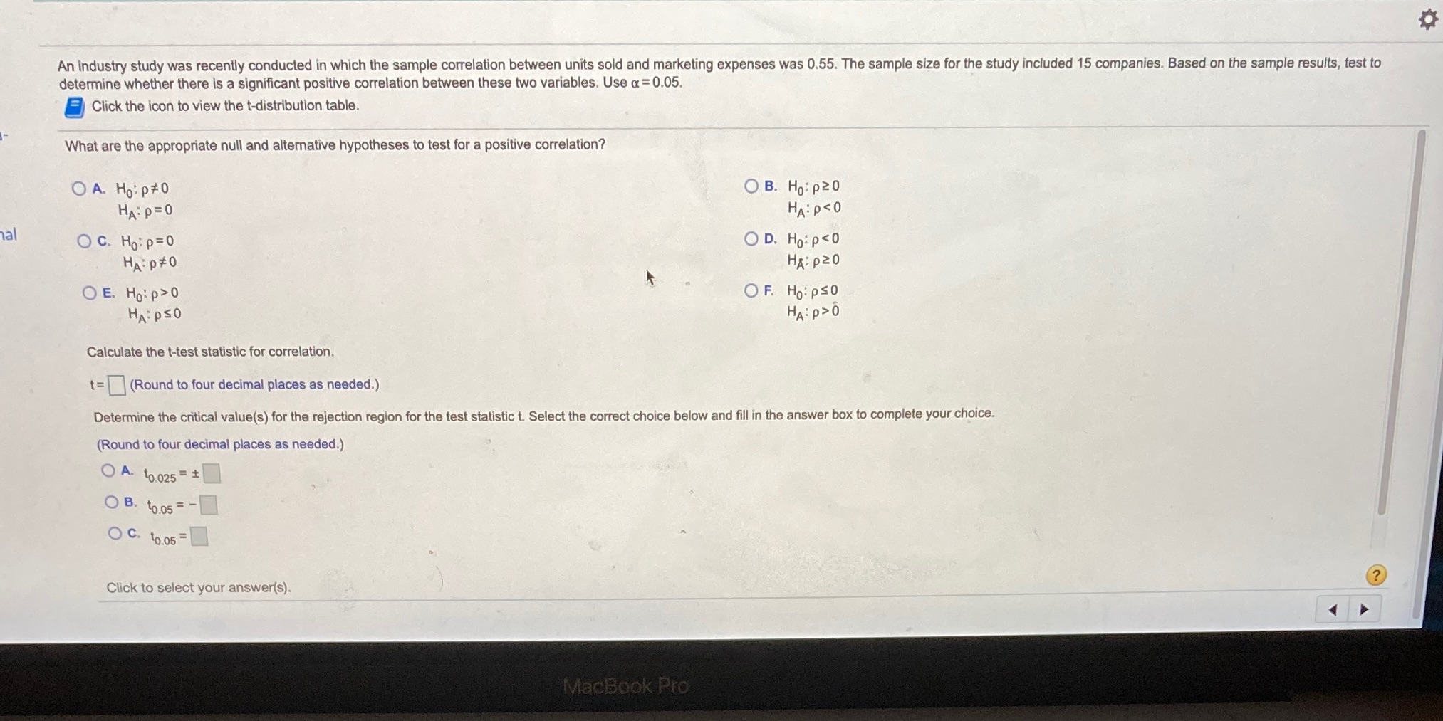 An industry study was recently conducted in which the sample correlation
