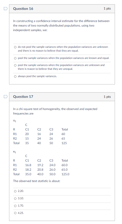  D Question 16 1 pts In constructing a confidence interval estimate