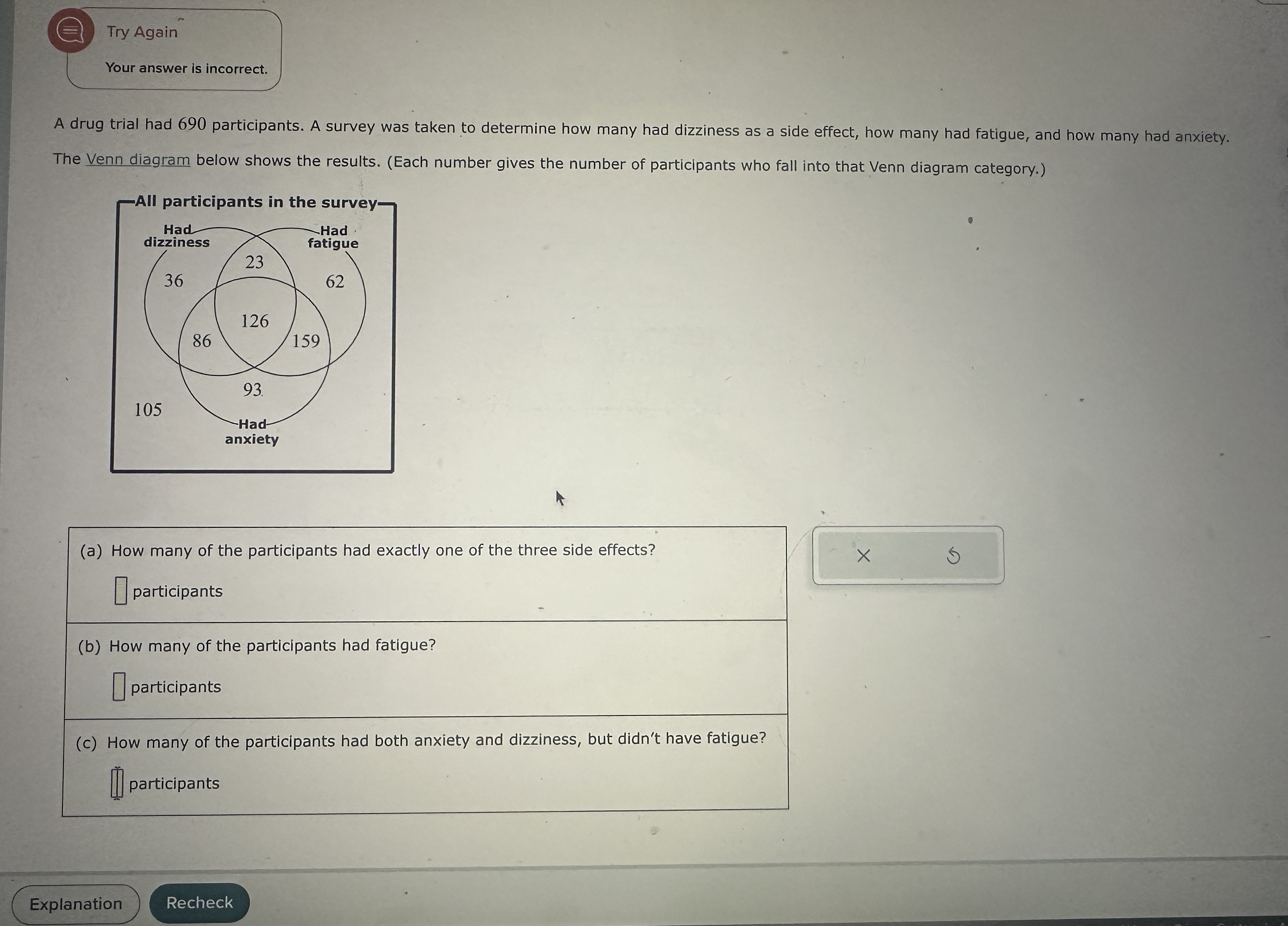 Try Again Your answer is incorrect. A drug trial had 690