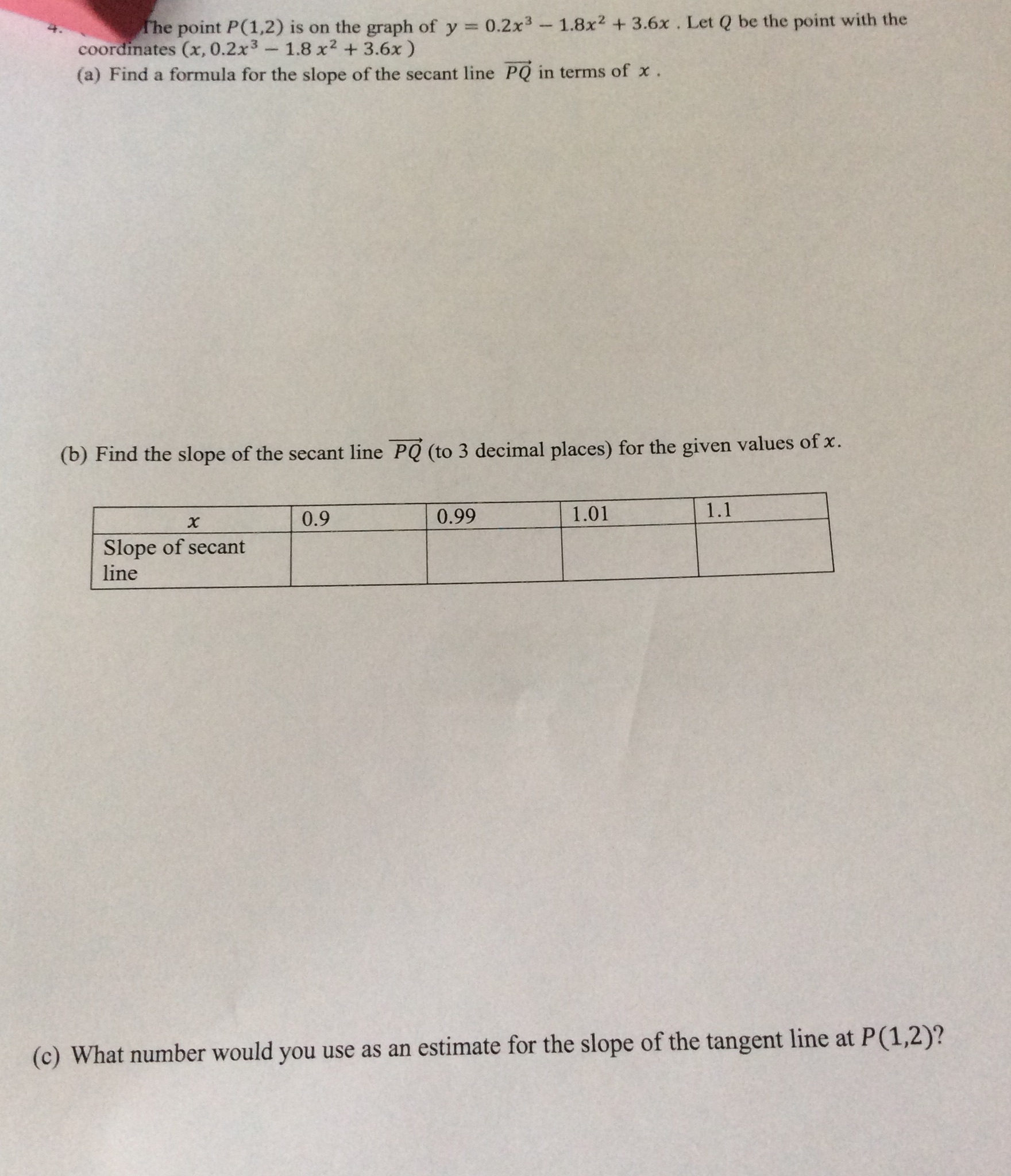 Math question- secant line The point P(1,2) is on the graph of