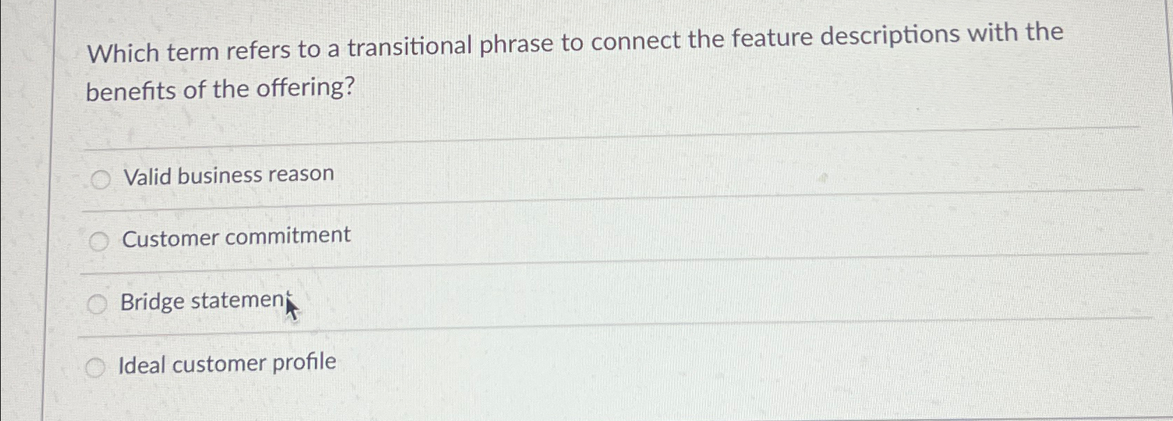  Which term refers to a transitional phrase to connect the feature