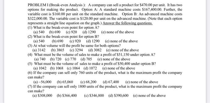  PROBLEM I (Break-even Analysis ): A company can sell a product