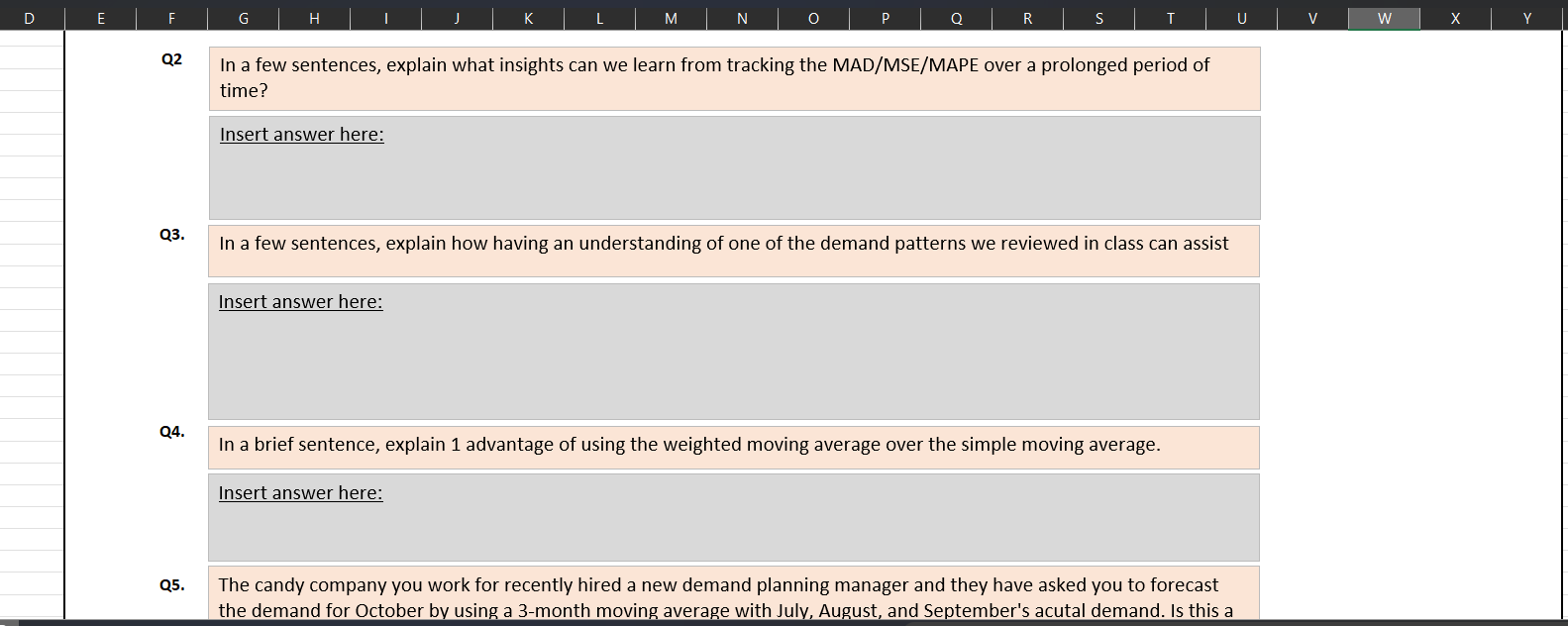 1) 3 Period Weighted moving average using weights of .5,.3,.2, with the
