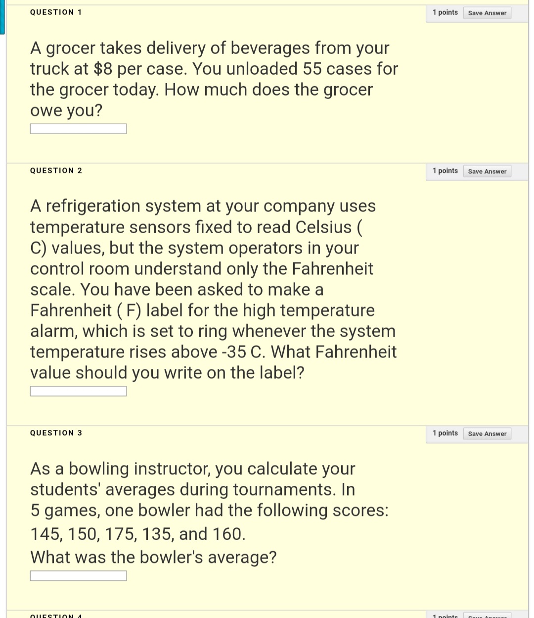 1-5 mathematics? QUESTION 1 1 points Save Answer A grocer takes delivery