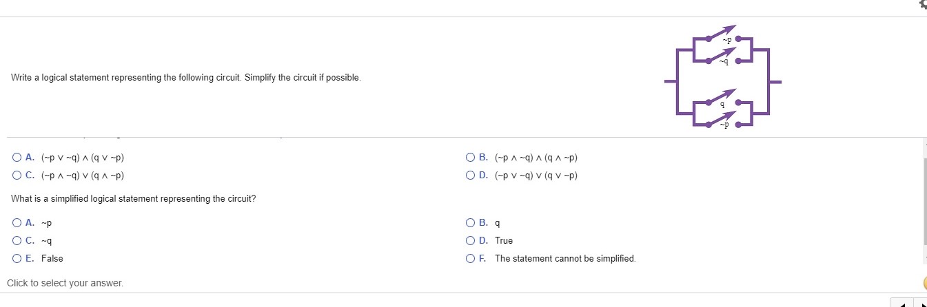 anwer only Write a logical statement representing the following circuit. Simplify the
