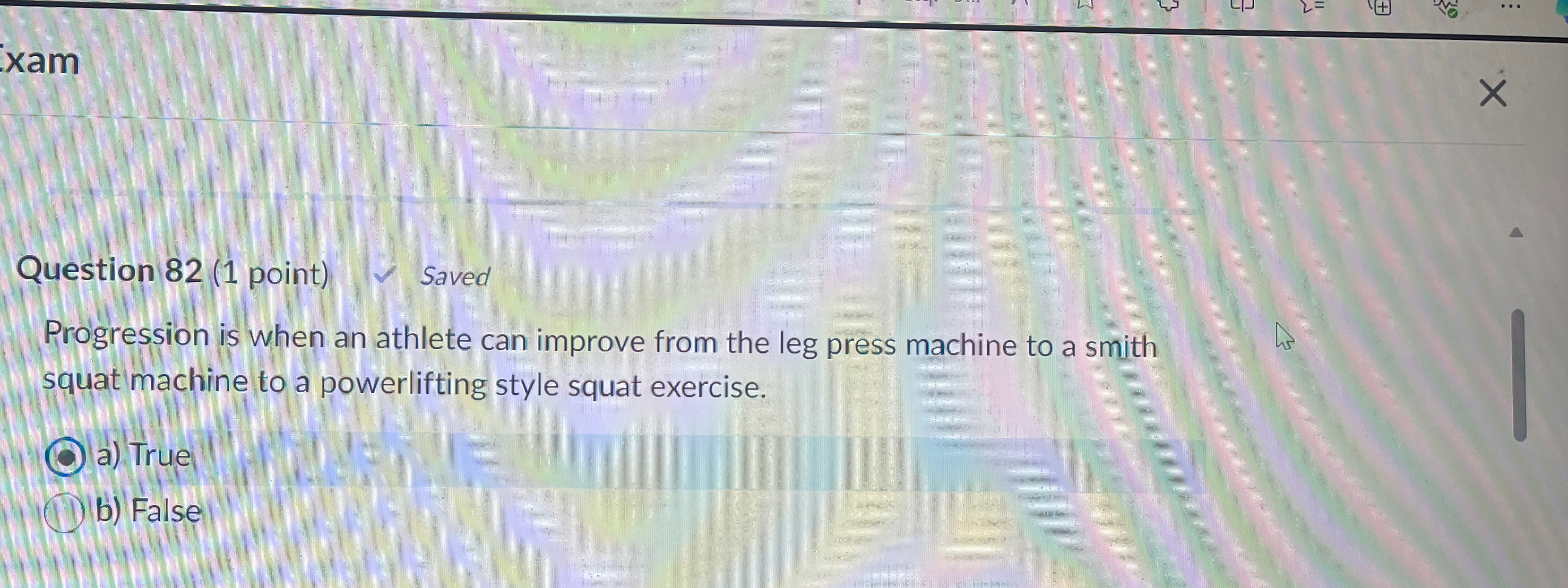  Question 82(1 point) Saved Progression is when an athlete can improve