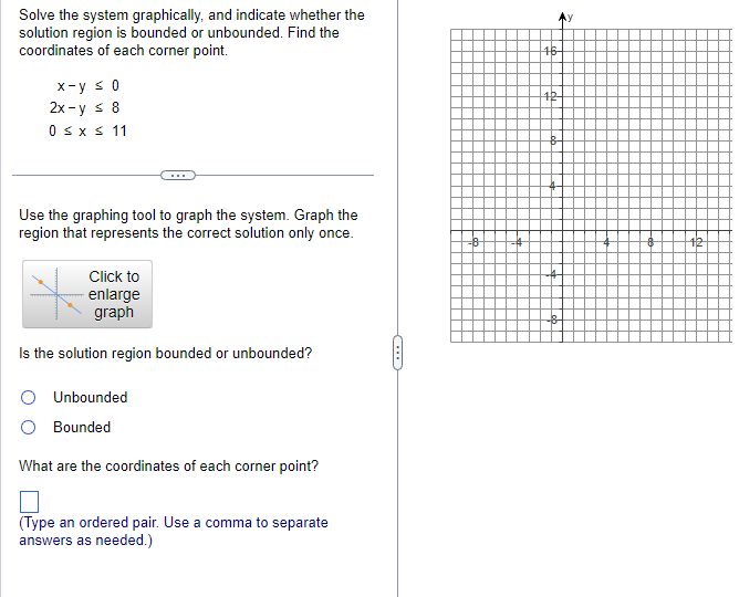 Solve the system graphically, and indicate whether the solution region is