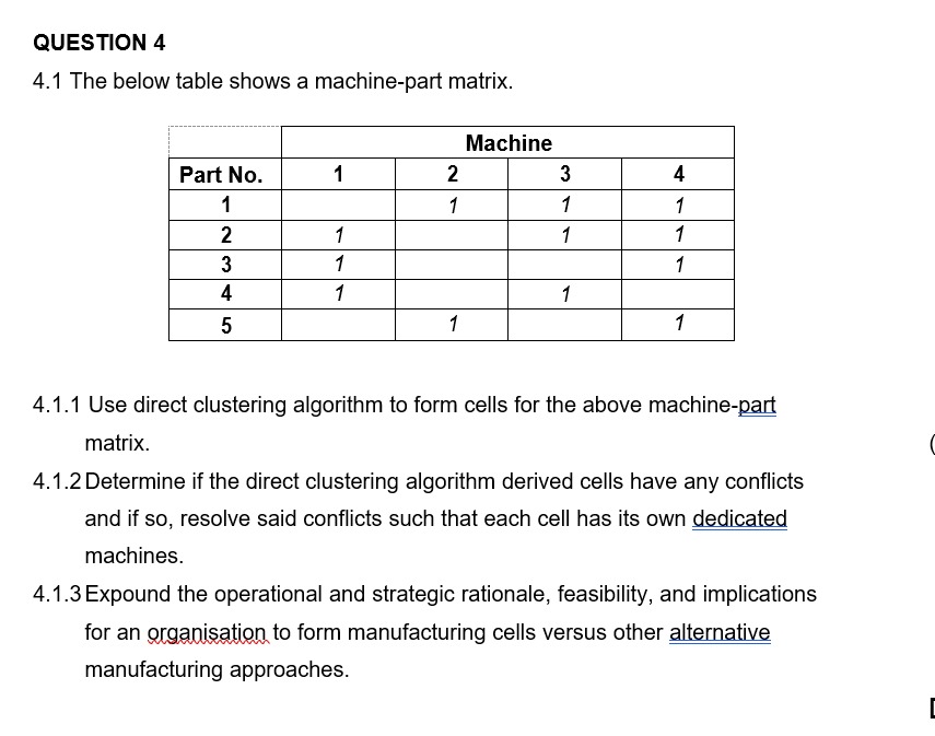 4.1 The below table shows a machine-part matrix. 4.1.1 Use direct