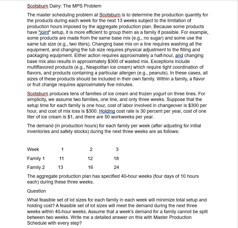  Scotsburn Dairy: The MPS Problem The master scheduling problem at Scotssburn