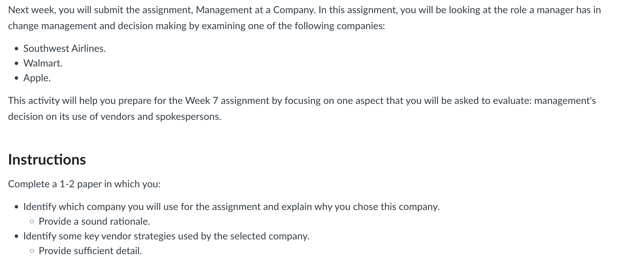  Next week, you will submit the assignment, Management at a Company.