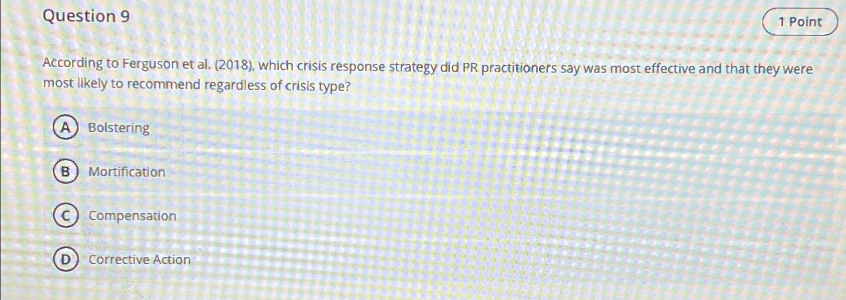  Question 9 According to Ferguson et al.(2018), which crisis response strategy