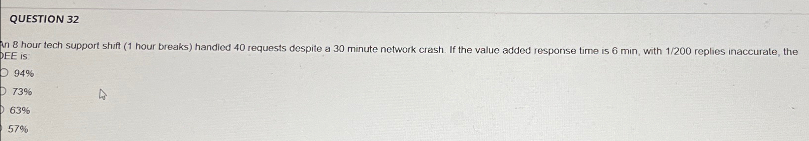  QUESTION 32 An 8 hour tech support shift (1 hour breaks)