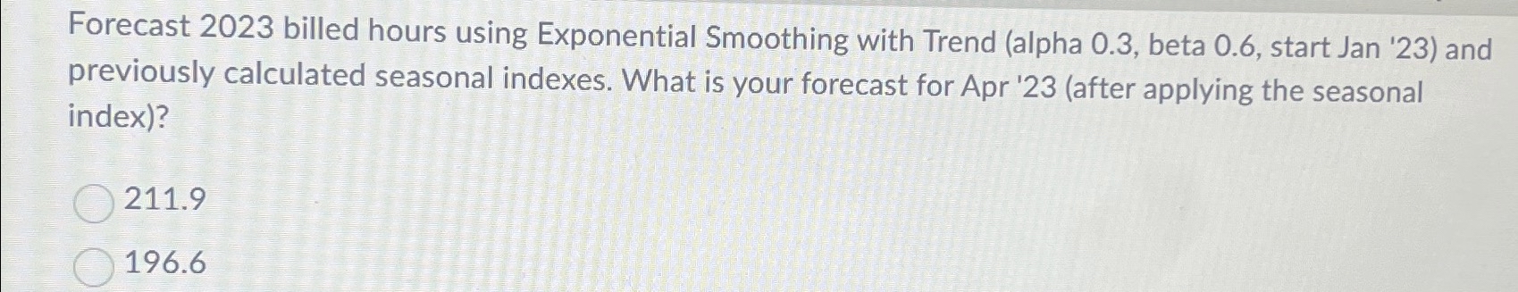  Forecast 2023 billed hours using Exponential Smoothing with Trend (alpha 0.3,